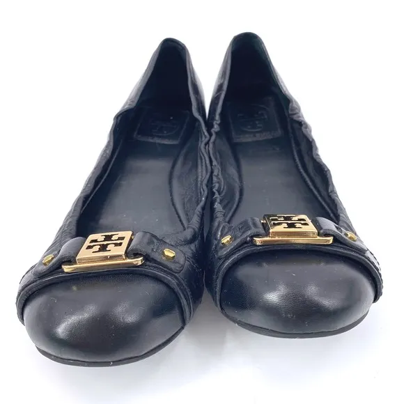 Tory Burch Royal Ambrose Ballet Flats Black Leather Gold Logo 8.5