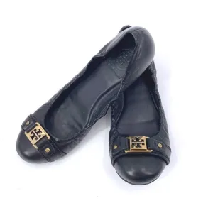 Tory Burch Royal Ambrose Ballet Flats Black Leather Gold Logo 8.5