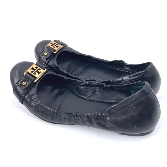 Tory Burch Royal Ambrose Ballet Flats Black Leather Gold Logo 8.5