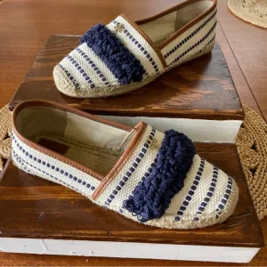 Tory Burch Shaw Fringe Espadrilles Navy and Cream Size 7