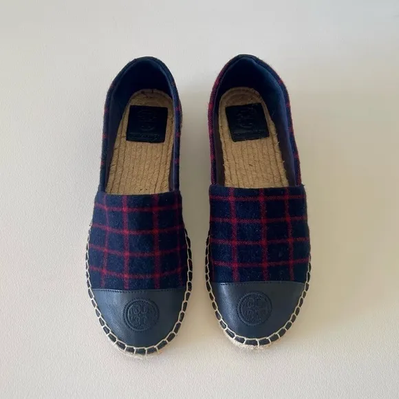 Tory Burch Shoe Espadrille Flat Plaid Check Wool Leather Holiday Blue Red 7.5