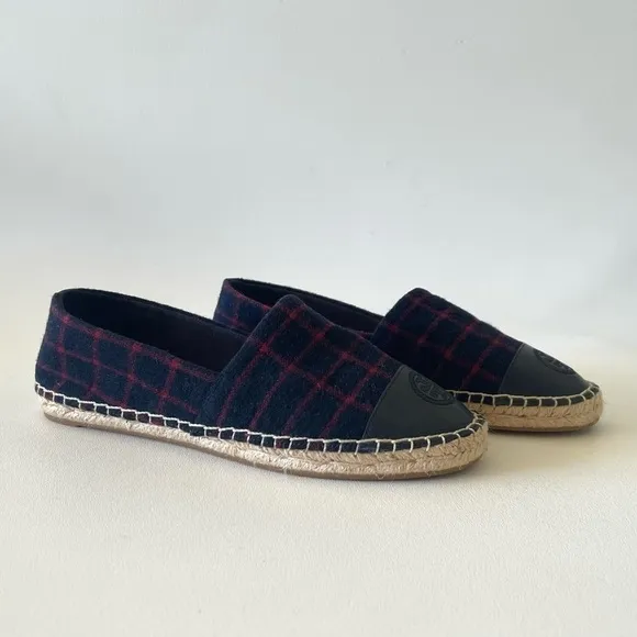 Tory Burch Shoe Espadrille Flat Plaid Check Wool Leather Holiday Blue Red 7.5