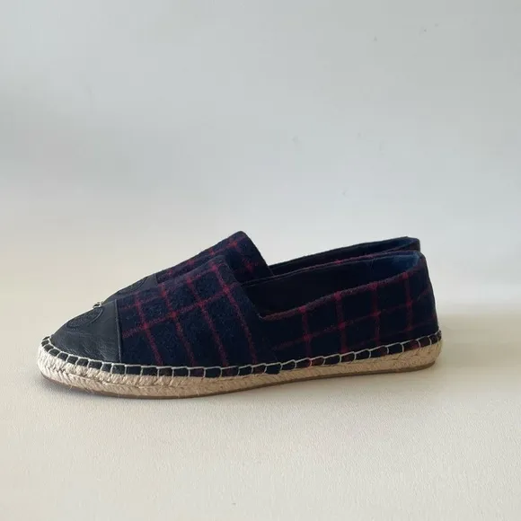 Tory Burch Shoe Espadrille Flat Plaid Check Wool Leather Holiday Blue Red 7.5