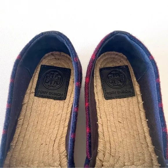 Tory Burch Shoe Espadrille Flat Plaid Check Wool Leather Holiday Blue Red 7.5