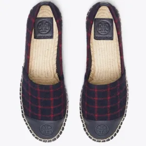 Tory Burch Shoe Espadrille Flat Plaid Check Wool Leather Holiday Blue Red 7.5