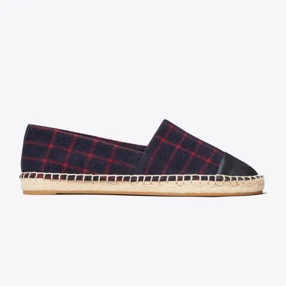 Tory Burch Shoe Espadrille Flat Plaid Check Wool Leather Holiday Blue Red 7.5
