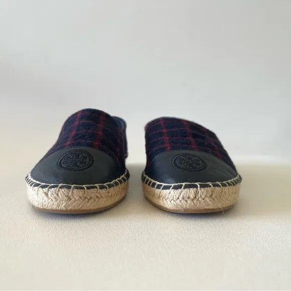 Tory Burch Shoe Espadrille Flat Plaid Check Wool Leather Holiday Blue Red 7.5