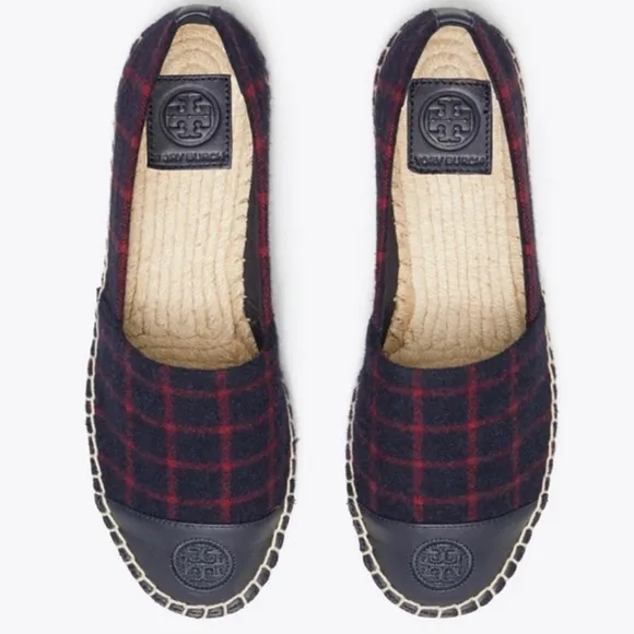 Tory Burch Shoe Espadrille Flat Plaid Check Wool Leather Holiday Blue Red 7.5