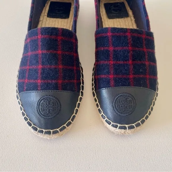 Tory Burch Shoe Espadrille Flat Plaid Check Wool Leather Holiday Blue Red 7.5