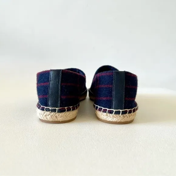 Tory Burch Shoe Espadrille Flat Plaid Check Wool Leather Holiday Blue Red 7.5
