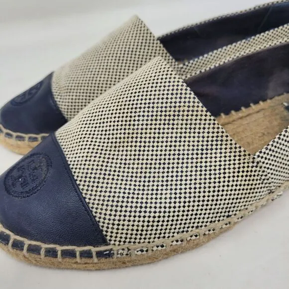 Tory Burch Shoes 8M Blue Leather Tan Color Block Flat Canvas Espadrilles Slip On