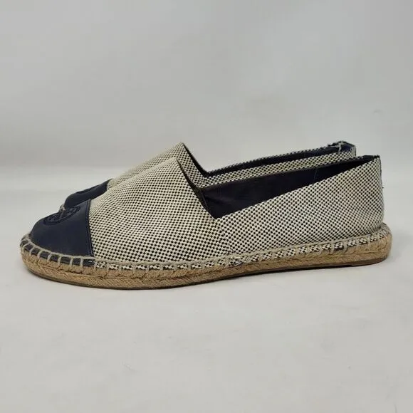 Tory Burch Shoes 8M Blue Leather Tan Color Block Flat Canvas Espadrilles Slip On