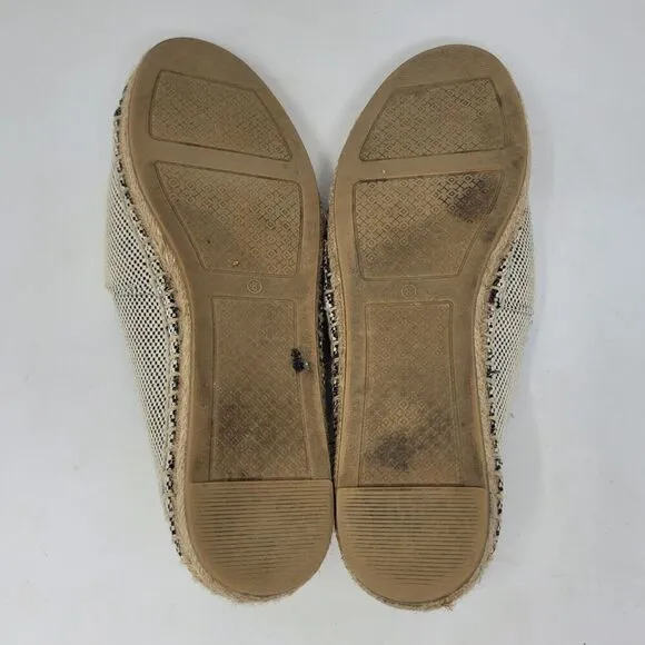 Tory Burch Shoes 8M Blue Leather Tan Color Block Flat Canvas Espadrilles Slip On