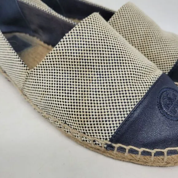 Tory Burch Shoes 8M Blue Leather Tan Color Block Flat Canvas Espadrilles Slip On