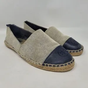 Tory Burch Shoes 8M Blue Leather Tan Color Block Flat Canvas Espadrilles Slip On