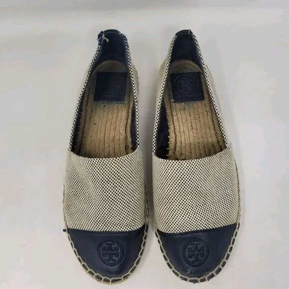 Tory Burch Shoes 8M Blue Leather Tan Color Block Flat Canvas Espadrilles Slip On