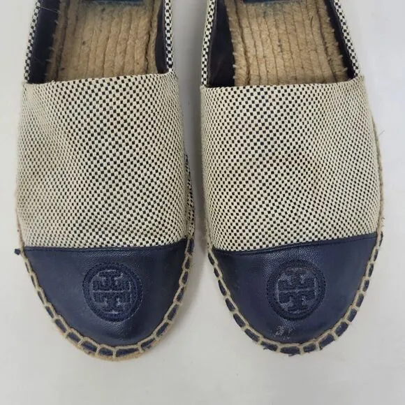 Tory Burch Shoes 8M Blue Leather Tan Color Block Flat Canvas Espadrilles Slip On