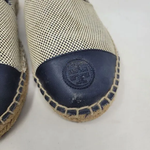 Tory Burch Shoes 8M Blue Leather Tan Color Block Flat Canvas Espadrilles Slip On