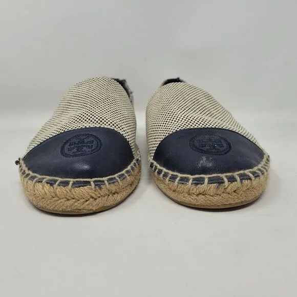 Tory Burch Shoes 8M Blue Leather Tan Color Block Flat Canvas Espadrilles Slip On