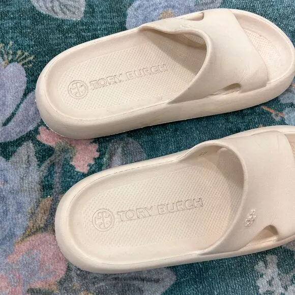 Tory Burch Shower Slides Sandals 5 French Pearl Beige Cream Foam Pool Slip On