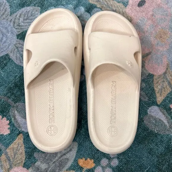 Tory Burch Shower Slides Sandals 5 French Pearl Beige Cream Foam Pool Slip On
