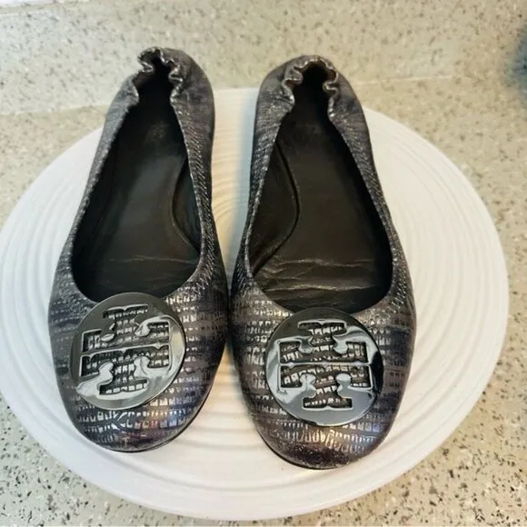 Tory Burch Slip-On Leather Snakeskin Print Reva Ballet Flats Womens Gray Sz 9.5