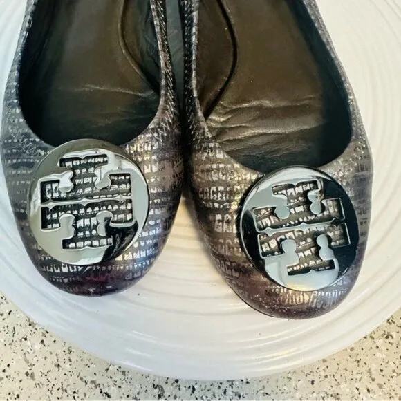 Tory Burch Slip-On Leather Snakeskin Print Reva Ballet Flats Womens Gray Sz 9.5