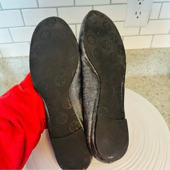 Tory Burch Slip-On Leather Snakeskin Print Reva Ballet Flats Womens Gray Sz 9.5