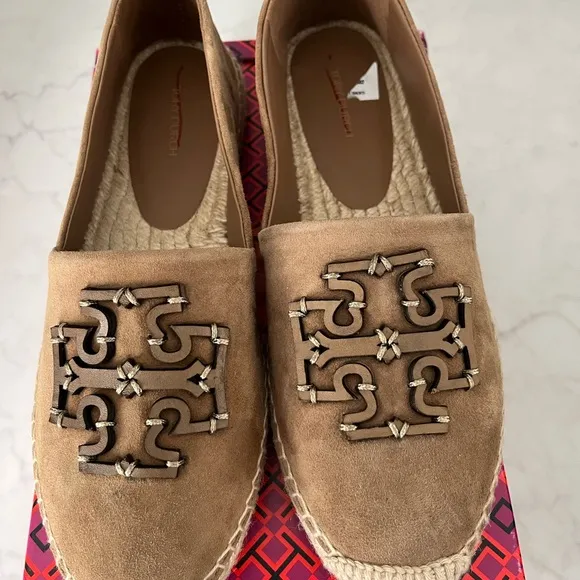 Tory Burch stitched double logo Ines suede espadrilles