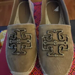 Tory Burch stitched double logo Ines suede espadrilles
