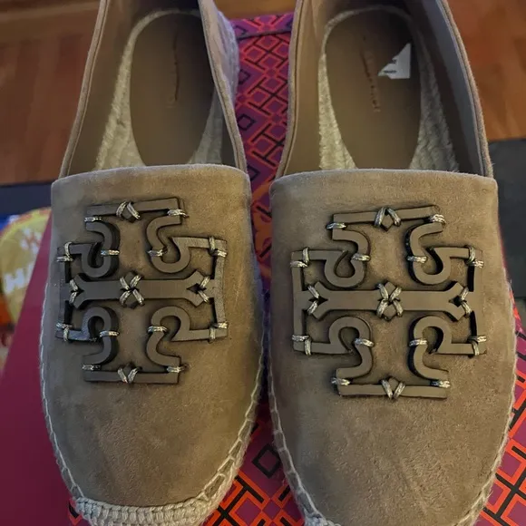 Tory Burch stitched double logo Ines suede espadrilles
