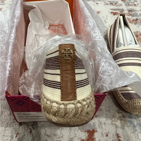 Tory Burch Striped Elastic Espadrilles Flats Size 8 Brand New in Box