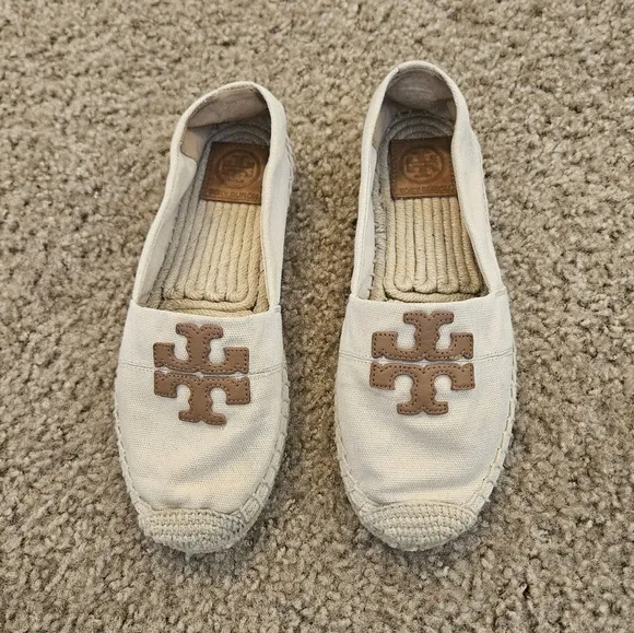 Tory Burch Weston Flat Espadrille Women Tan Canvas Slip On Loafer Shoe, Size 6.5