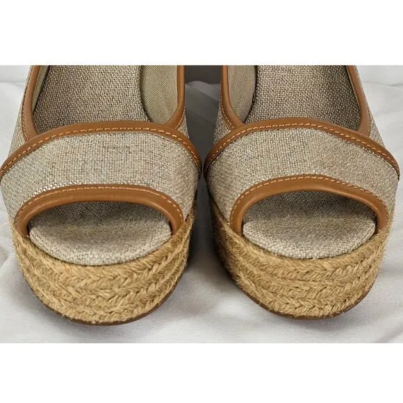 TORY BURCH WOMEN'S BEIGE / BROWN MAJORICA 5&quot; WEDGE HEEL ESPADRILLE SIZE 8 (38.5)