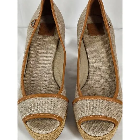 TORY BURCH WOMEN'S BEIGE / BROWN MAJORICA 5&quot; WEDGE HEEL ESPADRILLE SIZE 8 (38.5)