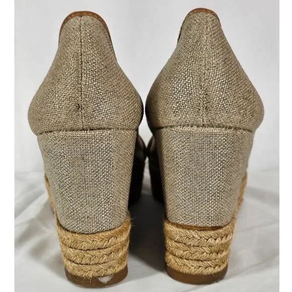 TORY BURCH WOMEN'S BEIGE / BROWN MAJORICA 5&quot; WEDGE HEEL ESPADRILLE SIZE 8 (38.5)