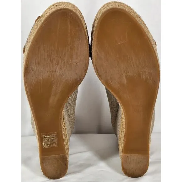 TORY BURCH WOMEN'S BEIGE / BROWN MAJORICA 5&quot; WEDGE HEEL ESPADRILLE SIZE 8 (38.5)