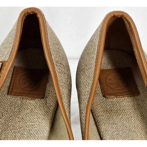 TORY BURCH WOMEN'S BEIGE / BROWN MAJORICA 5&quot; WEDGE HEEL ESPADRILLE SIZE 8 (38.5)