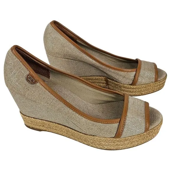 TORY BURCH WOMEN'S BEIGE / BROWN MAJORICA 5&quot; WEDGE HEEL ESPADRILLE SIZE 8 (38.5)