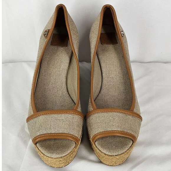 TORY BURCH WOMEN'S BEIGE / BROWN MAJORICA 5&quot; WEDGE HEEL ESPADRILLE SIZE 8 (38.5)