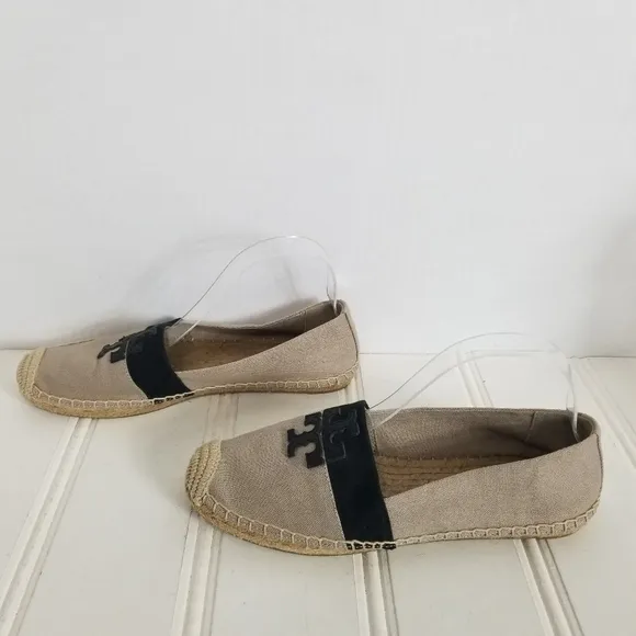 Tory Burch Womens Size 8 Westin Tan Black Khaki Canvas Slip On Flat Shoes