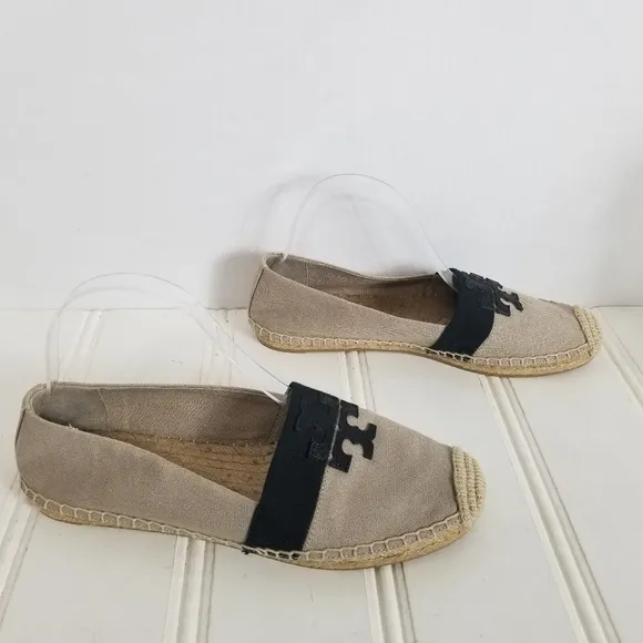 Tory Burch Womens Size 8 Westin Tan Black Khaki Canvas Slip On Flat Shoes