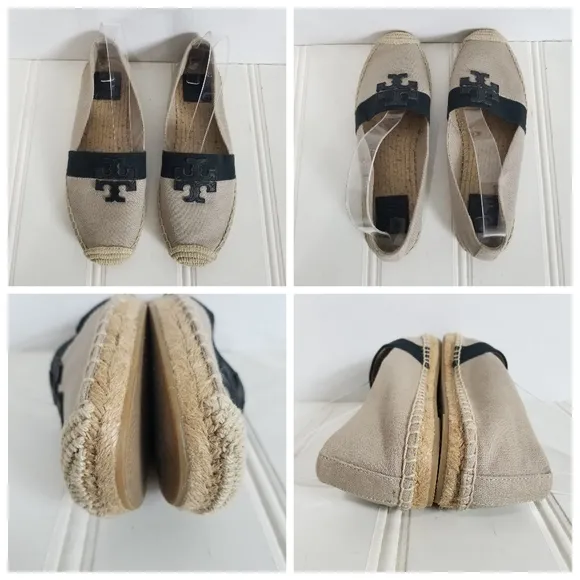 Tory Burch Womens Size 8 Westin Tan Black Khaki Canvas Slip On Flat Shoes