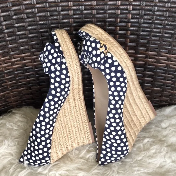 Tory BurchNavy Blue White Polka Dot New Espadrilles Wedges Heels Sandals