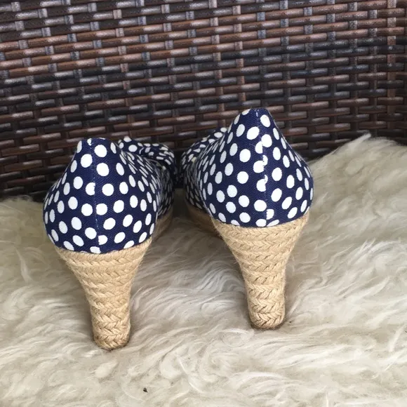 Tory BurchNavy Blue White Polka Dot New Espadrilles Wedges Heels Sandals