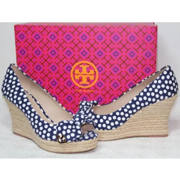 Tory BurchNavy Blue White Polka Dot New Espadrilles Wedges Heels Sandals