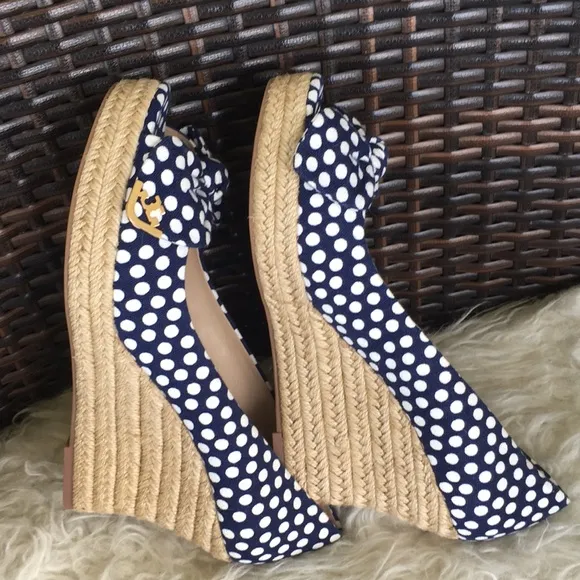 Tory BurchNavy Blue White Polka Dot New Espadrilles Wedges Heels Sandals