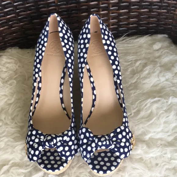 Tory BurchNavy Blue White Polka Dot New Espadrilles Wedges Heels Sandals