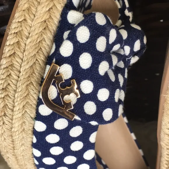 Tory BurchNavy Blue White Polka Dot New Espadrilles Wedges Heels Sandals