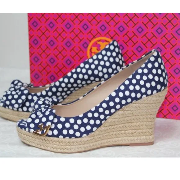 Tory BurchNavy Blue White Polka Dot New Espadrilles Wedges Heels Sandals